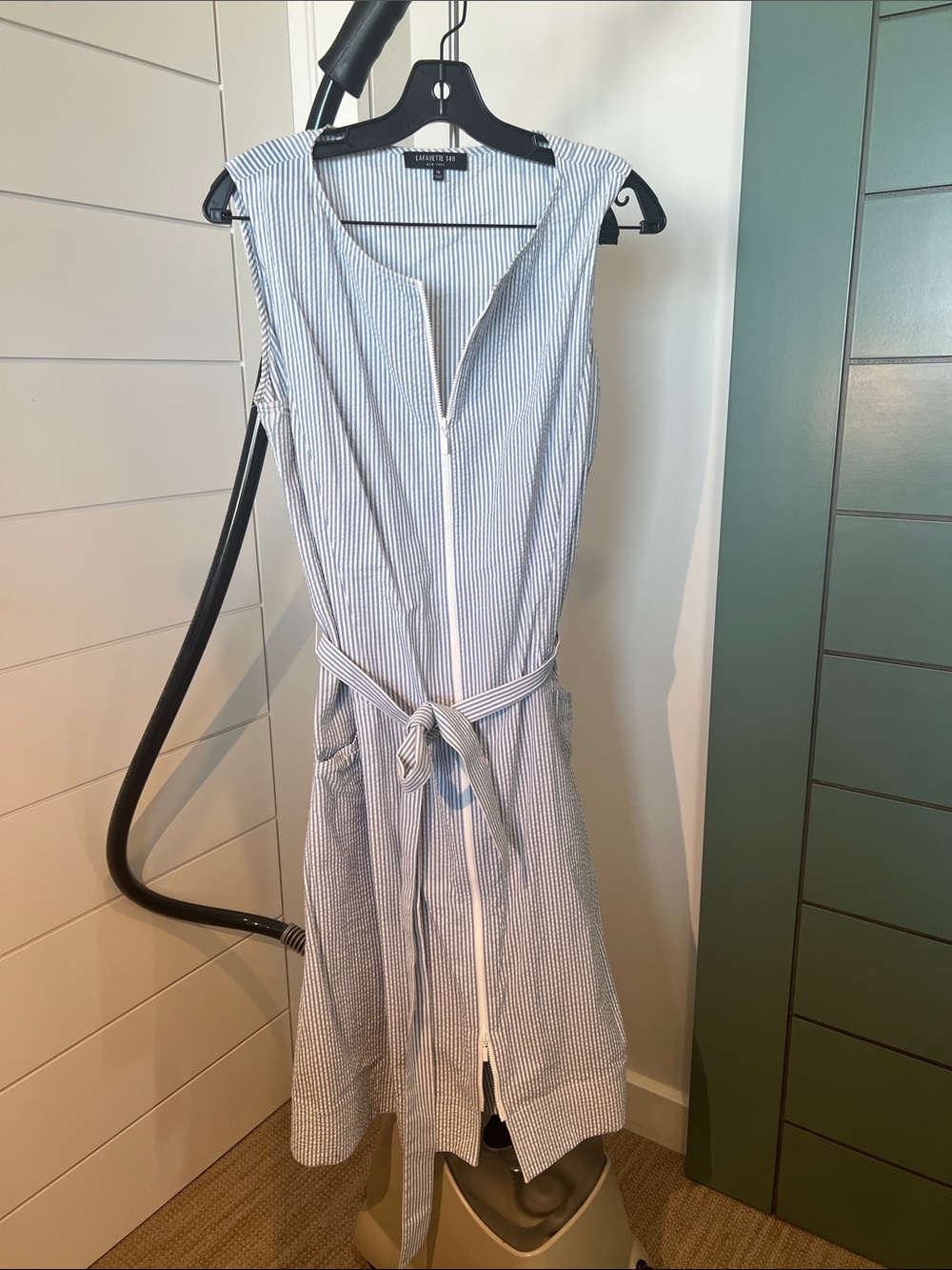 Layfayette 147 Blue and White Striped Sleeveless Midi Dress with Belt